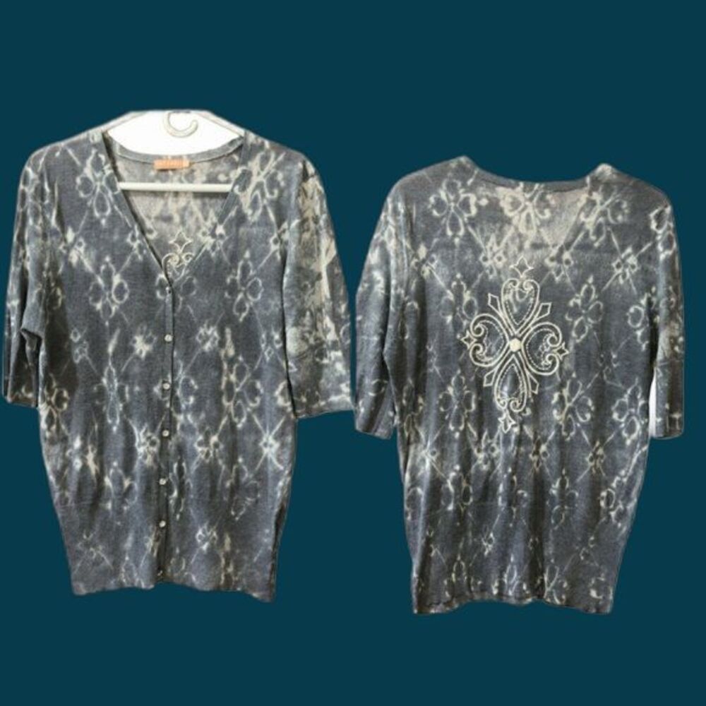 Cut Cute Gray Tie Dye Cardigan Rhinestone Buttons  Embroidered XL